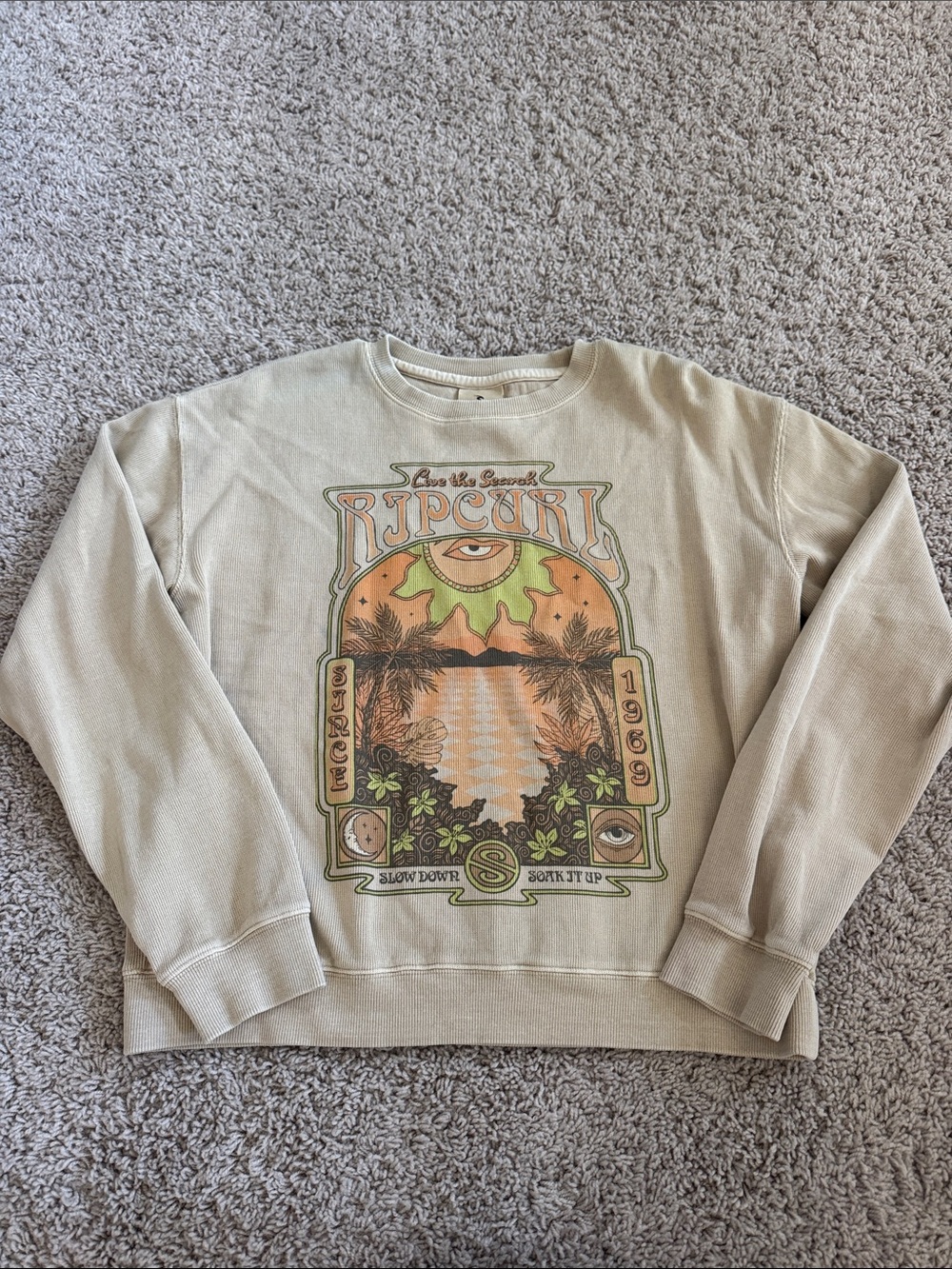 Rip Curl Beige Crewneck Sweatshirt with Orange and Green Graphic